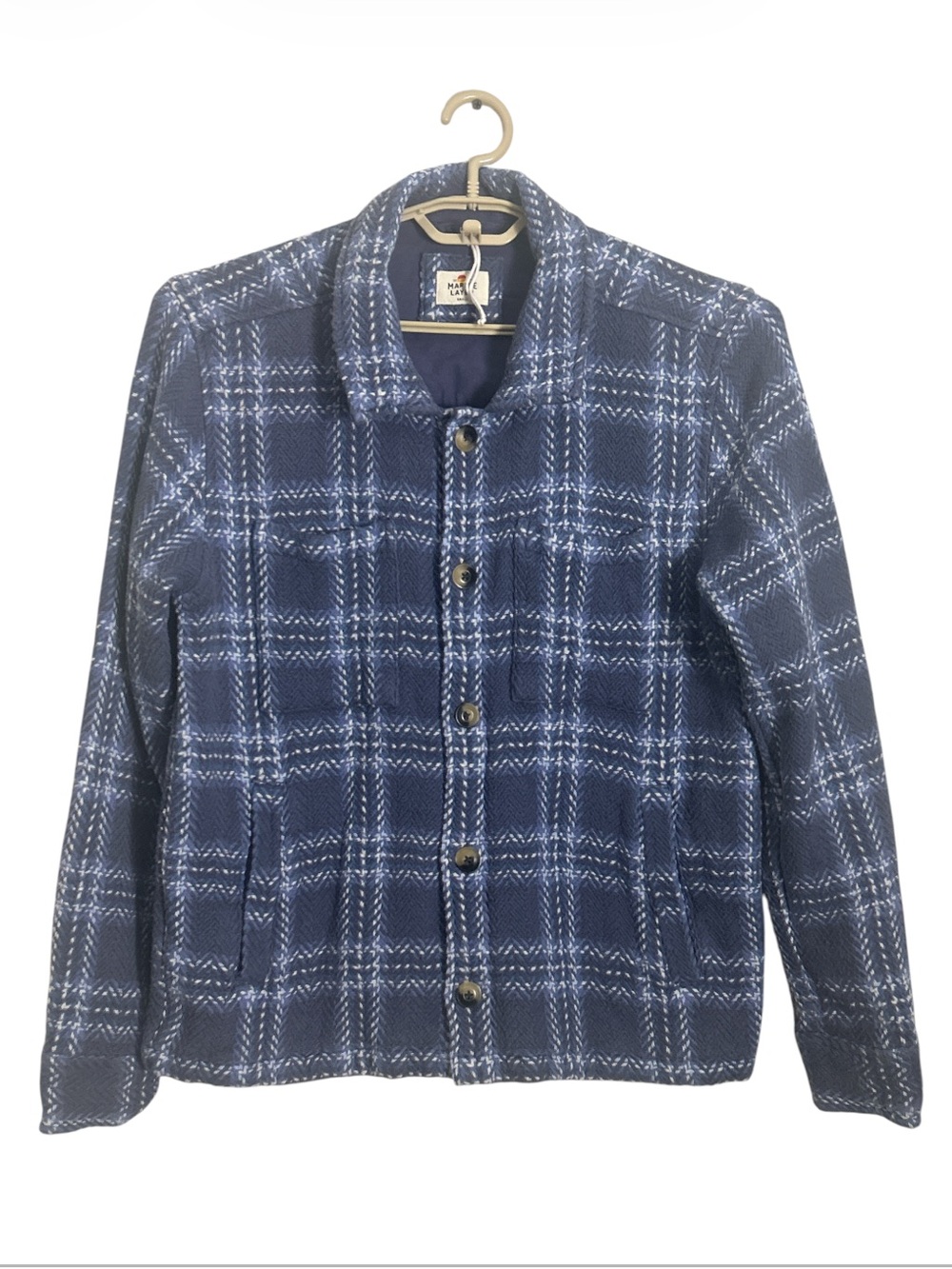 Marine Layer Textured Herringbone Blue Plaid Overshirt Shacket Size S